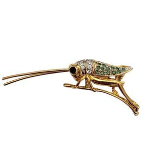 Butler Gold Tone Clear Green Rhinestone Grasshopper, Cricket Pin Brooch, K563